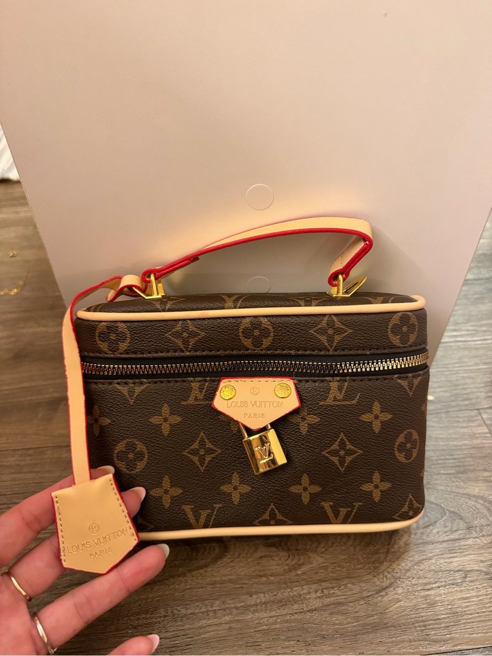 LV Brown Monogram Vanity Crossbody Bag with Red Trim